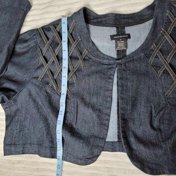 Ashley Stewart Plus 3X Denim Cropped Jacket Lattice Shoulder Detail Bolero Boho - Picture 7 of 9